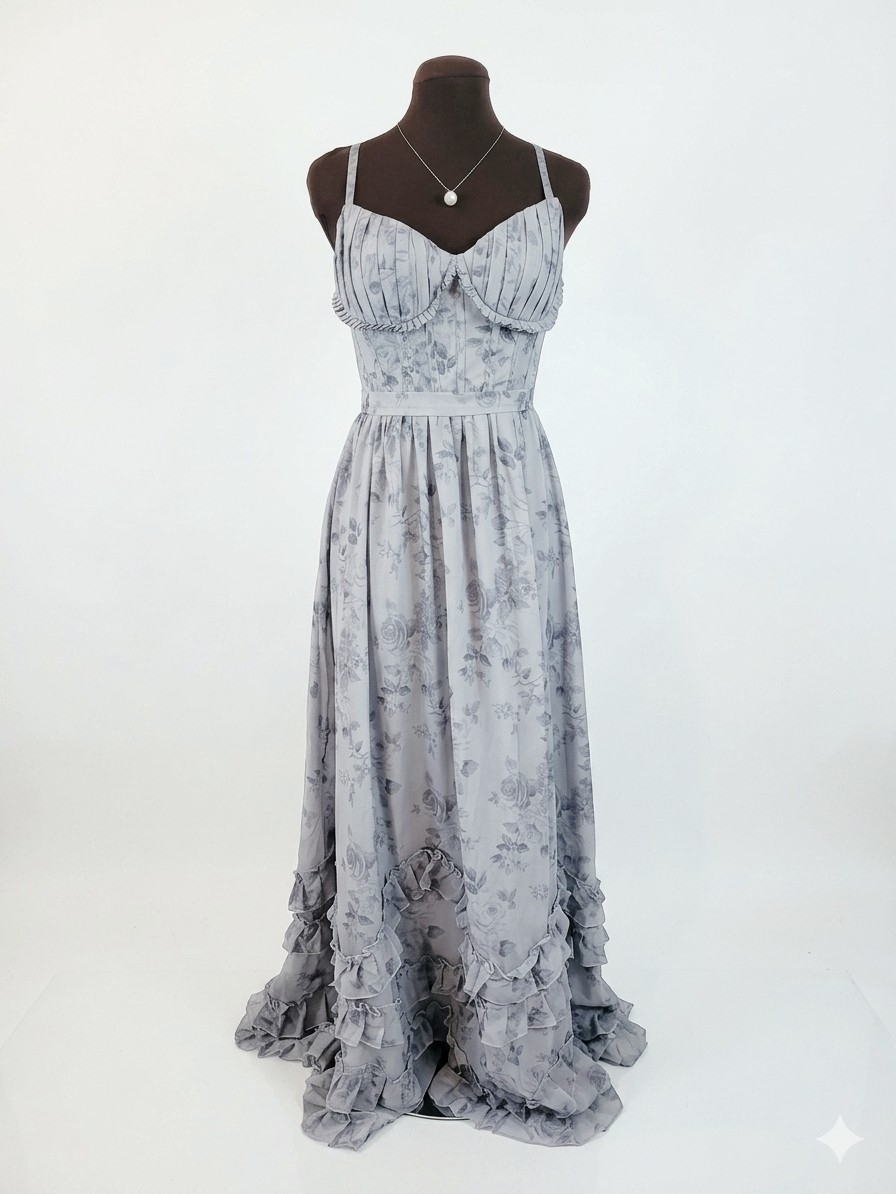 Elegant Bridgerton Style Gray Floral Dress With Ruffels
